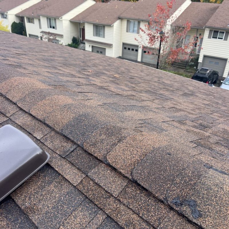 A roof featuring a skylight and a vent, showcasing natural light and ventilation elements.