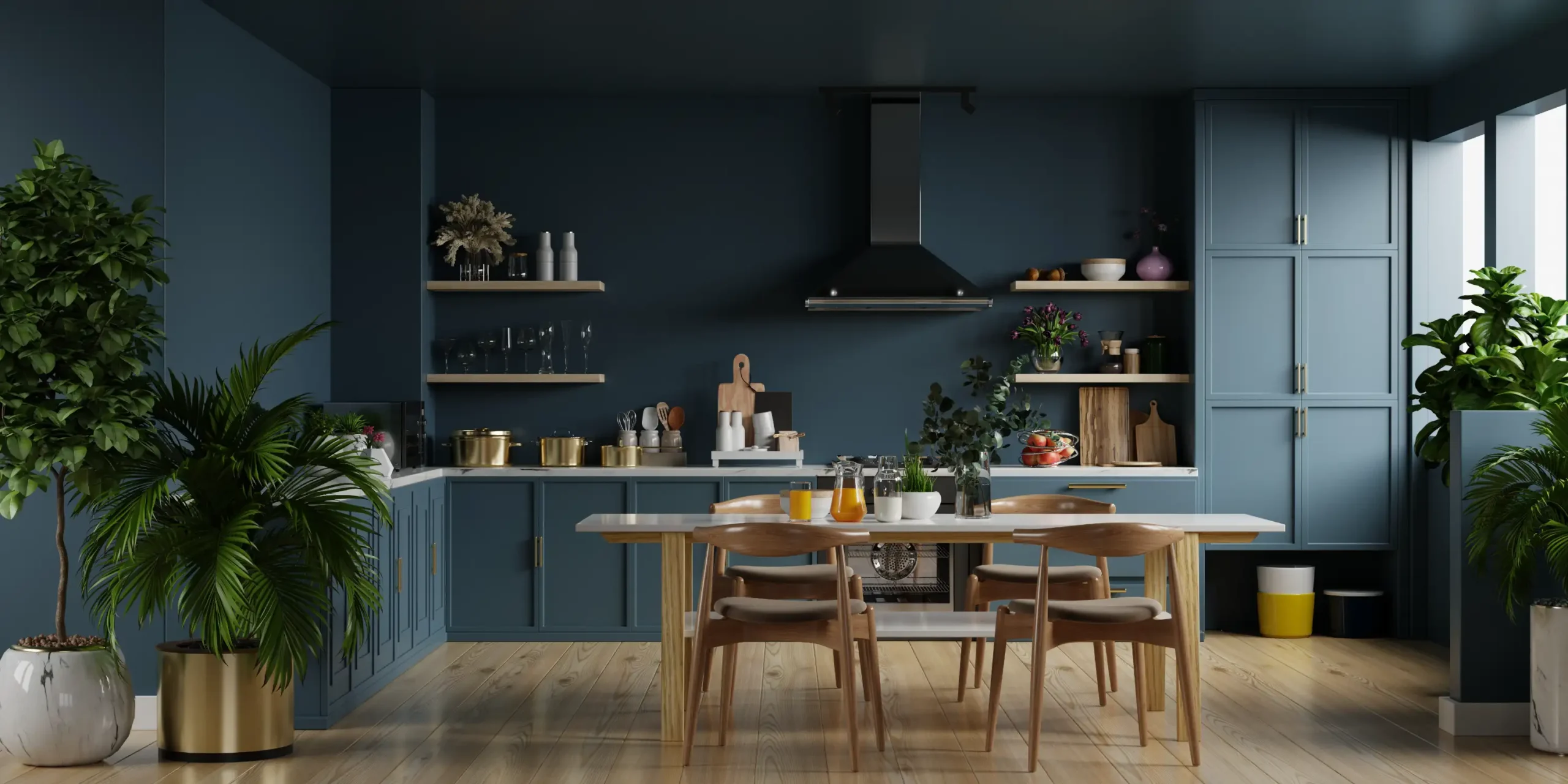 Dark blue interior painting in a modern dining room.